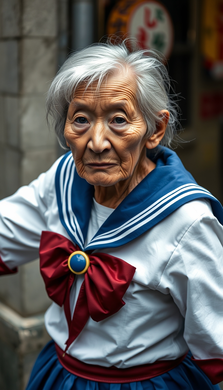 A 100-year-old Japanese person wearing a Sailor Moon costume, with wrinkled and saggy skin, in a dynamic pose, ultra-detailed, photorealistic, raw picture, in a real-life, real-world environment. - Image