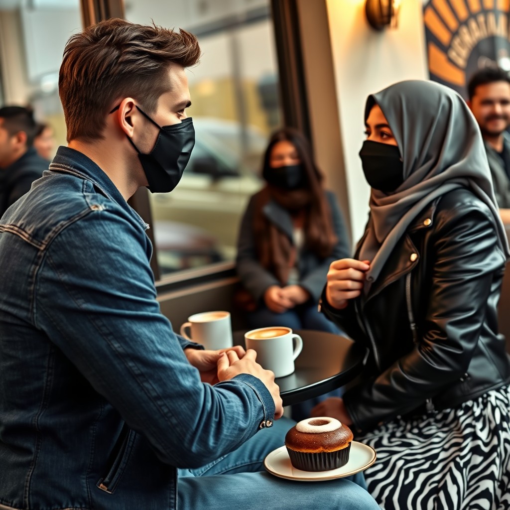 Jamie Dornan's head and body shot, handsome, black face mask, blue jeans jacket, jeans, dating a Muslim girl in a grey hijab with beautiful eyes, black face mask, black leather jacket, the largest zebra pattern skirt, at a cafe, two cups of latte, muffin cake, chocolate donut on a table, with three other friends smiling in the background, photorealistic, hyper-realistic, street photography, selfie. - Image