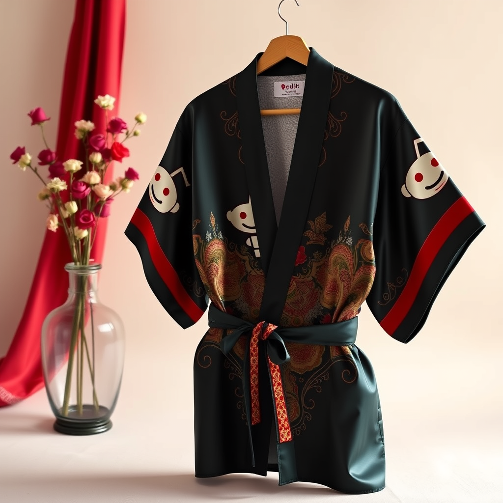 A vibrant and appealing still life image for online retail showcasing a Silk Kimono with a Reddit logo-printed decor in Sicilian heritage. The image should capture the essence of Italian Style and highlight the product's elegance. Ensure that the composition is well-balanced, the colors are rich and inviting, and the Kimono is displayed prominently to attract potential customers to the product.