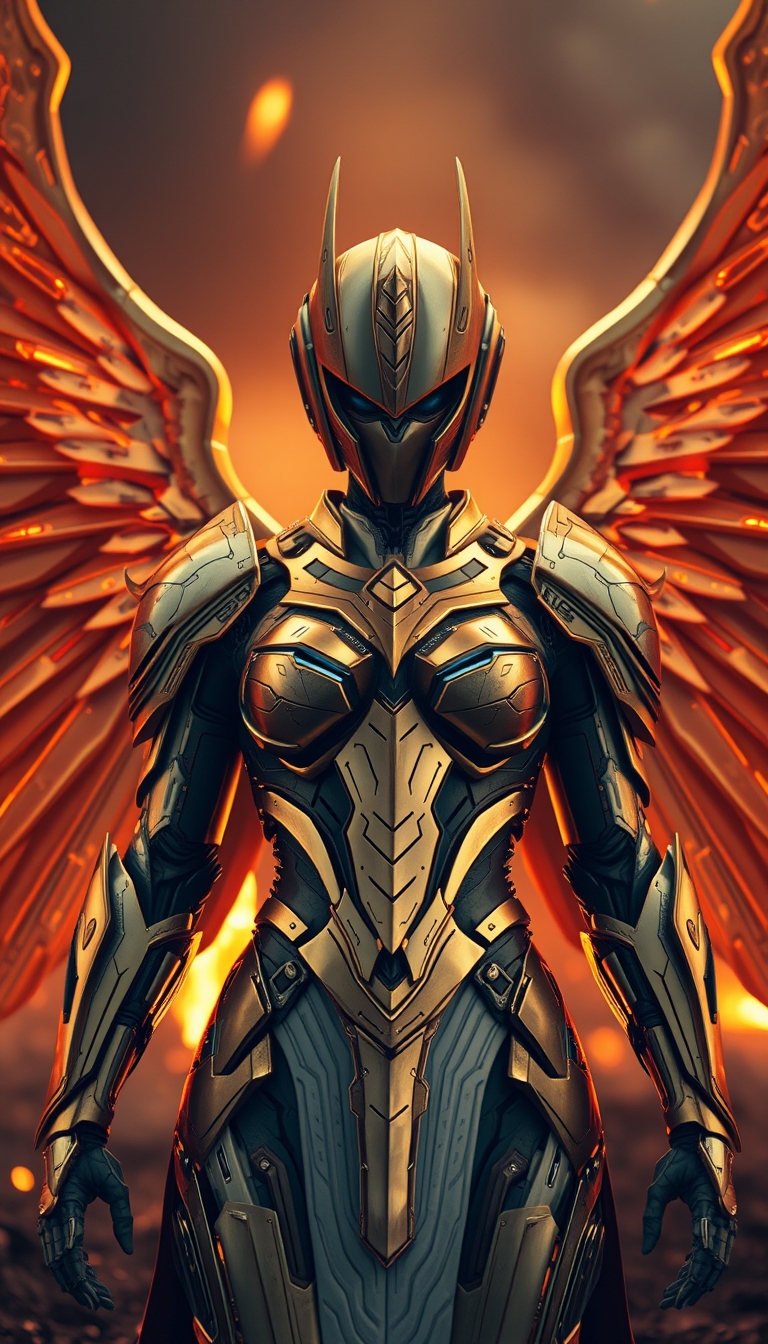 Cinematic shot of a cyborg female battle angel rising from ashes, golden regal Valkyrie armor, futuristic, full smooth helmet, standing on a battlefield, movie scene, film grain, realistic, shot from below, dark lighting.