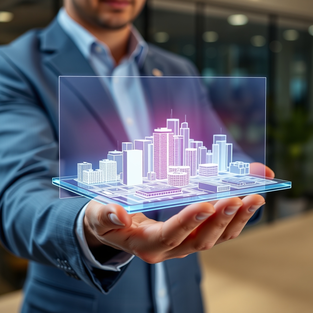 A Real Estate Agent Holding a Hologram with a City Model on the Screen