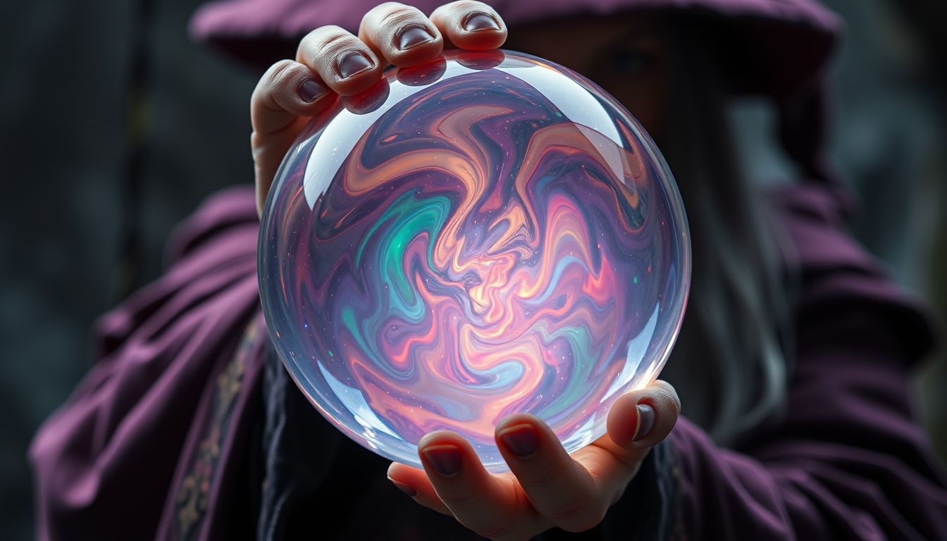 A mystical glass orb with swirling, ethereal colors inside, held by a wizard.