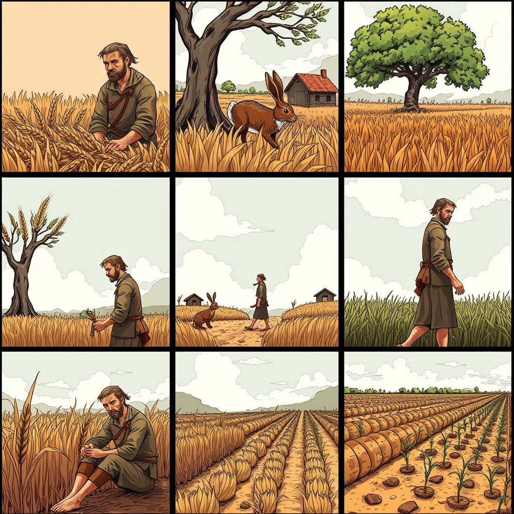 The image style is "cyberpunk," featuring an ancient farmer in a nine grid. The characters in each scene will all use the same farmer, ensuring that the face shape and clothing remain consistent throughout. In the first panel, the farmer is harvesting wheat. In the second panel, the farmer is sitting under a tree, resting, a rabbit is rushing toward the tree. In the third panel, the farmer is holding a rabbit in his hand. In the fourth panel, the farmer is walking toward a house. In the fifth panel, the farmer sits under the tree. In the sixth panel, the farmer sighs while sitting under the tree. In the seventh panel, the farmer stares blankly at the sky. In the eighth panel, the crops have withered. In the ninth panel, the farmer is planting seeds in the field.