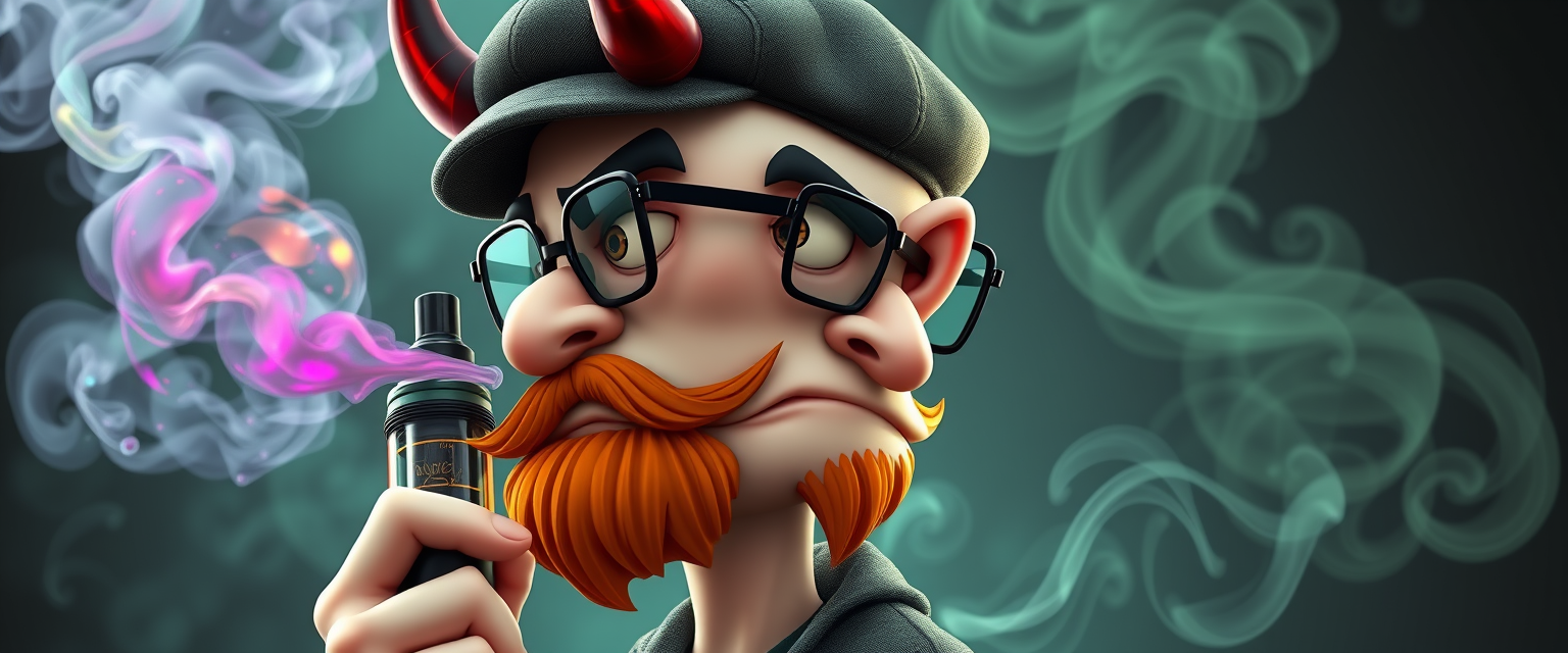 Three-quarter view of a sinister, bald cartoon human male with necromancer lich features. Demonic horns, short fiery ginger beard contrasts with dark eyebrows. Wears a weathered flat cap and aviator glasses. Clutches a sleek vape mod, exhaling dense, swirling vapor clouds. Vibrant e-liquid drips off his pale skin, creating a colorful aura. 3D rendered.