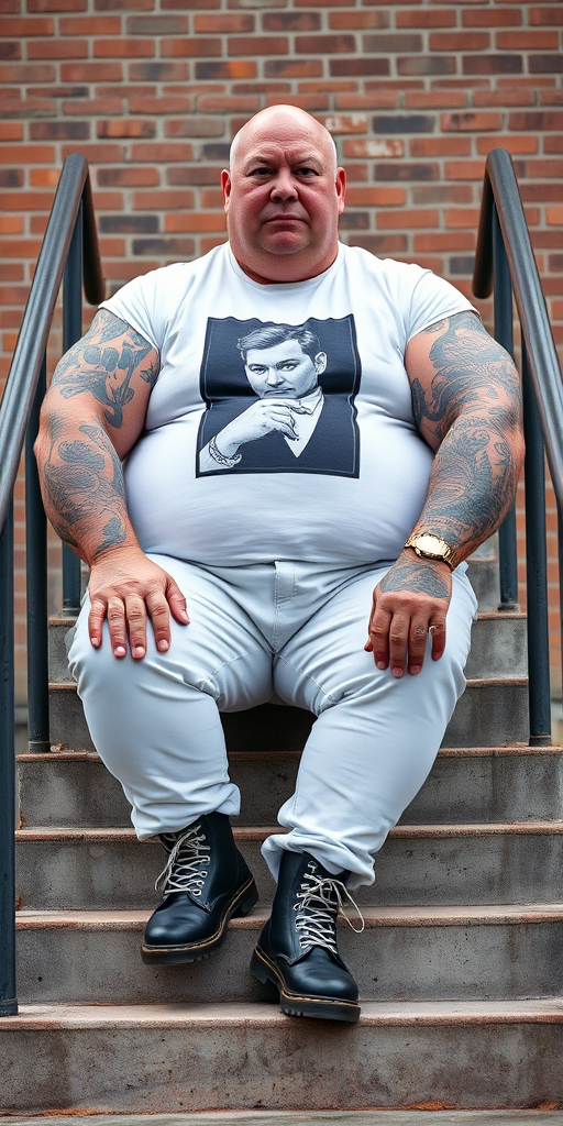 Prompt: a portrait-style photograph featuring an extremely large 60-year-old muscular, beefy, stocky, chubby, fat, obese male skinhead sitting on a set of concrete stairs. He has a bald head, light skin, and is wearing a white t-shirt with a black and white graphic print of a person on it. His huge muscular arms are heavily tattooed with intricate designs. He is also wearing tight bleached denim trousers that highlight his huge, muscular legs and black knee-high Dr. Martens boots with white laces. The background consists of a brick wall and metal handrails on either side of the stairs. The overall setting appears to be industrial.