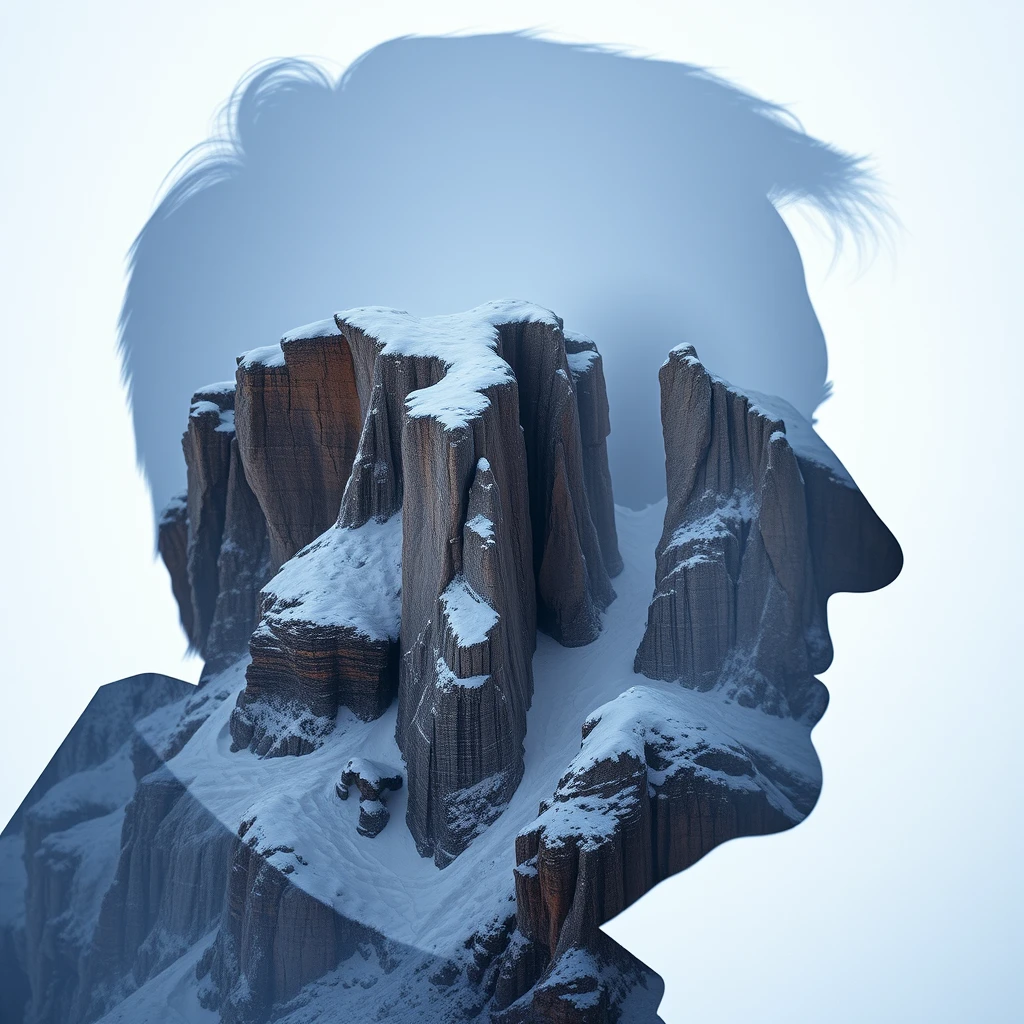 "[Abstract style of cliffs covered in ice and snow] within the [silhouette of a middle-aged man's head], this is a double exposure photograph. Non-representational, colors and shapes, emotional expression, imaginative, very detailed."