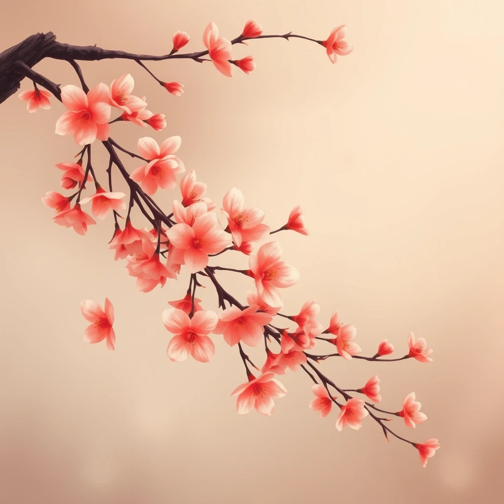 "An illustration of flowing peach blossoms, autumn tones and mood, with enough space on the left."