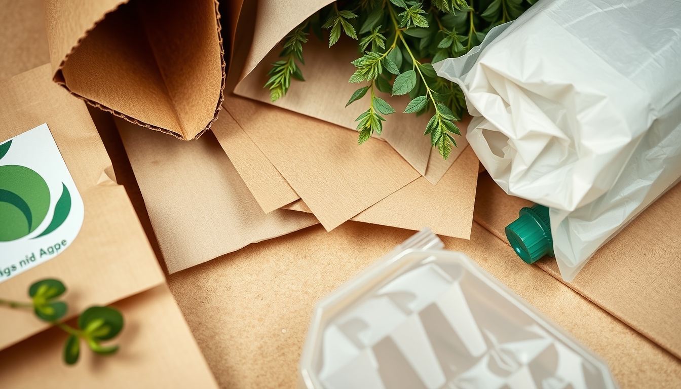 A detailed close-up of sustainable packaging materials, including cardboard, paper, and biodegradable plastics, arranged aesthetically on a neutral background.