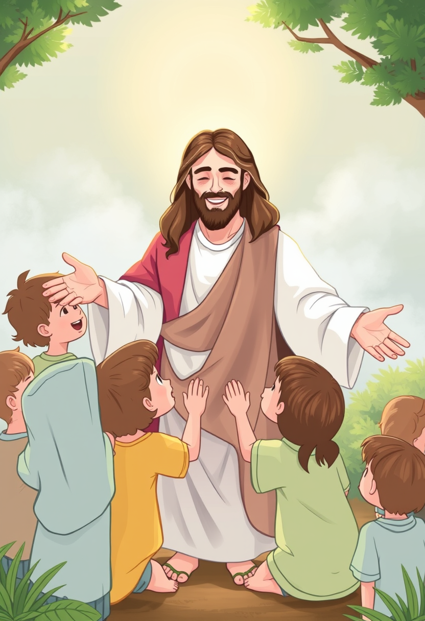 Illustrate Jesus surrounded by children, blessing them with a warm smile and open arms in a peaceful setting.