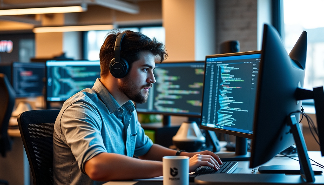 Male programmer focused on coding at a computer desk in a modern office environment with multiple monitors and a coffee mug, emphasizing technology, software development, and work productivity. - Image