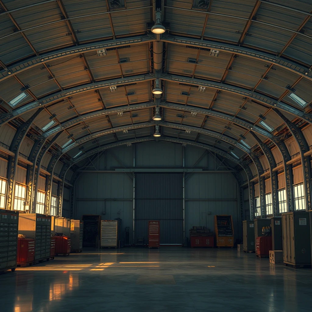 empty Aviation hanger interior environment tool boxes late afternoon atmospheric cinematic