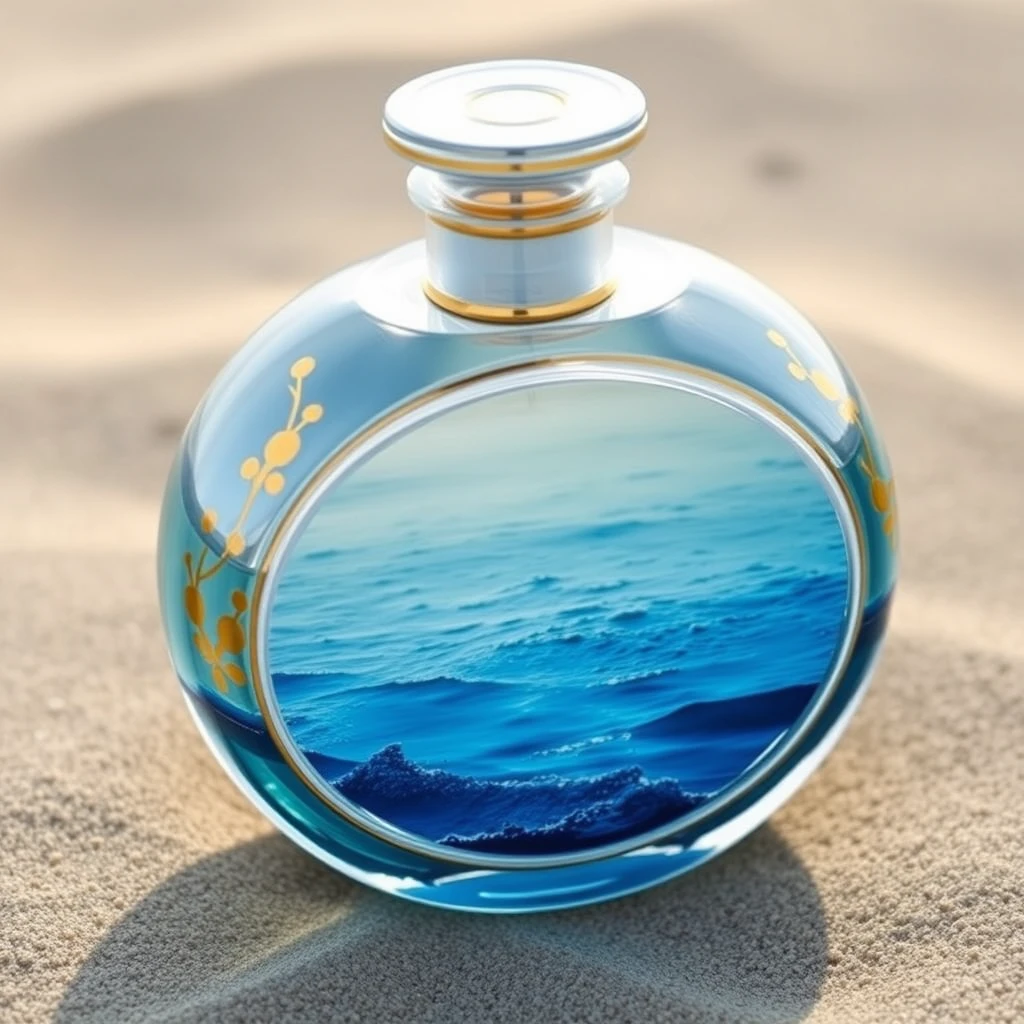 Elegant round perfume bottle, clear with golden inlays, inside the perfume bottle is a dreamy oceanic seascape, background is a sandy beach. - Image