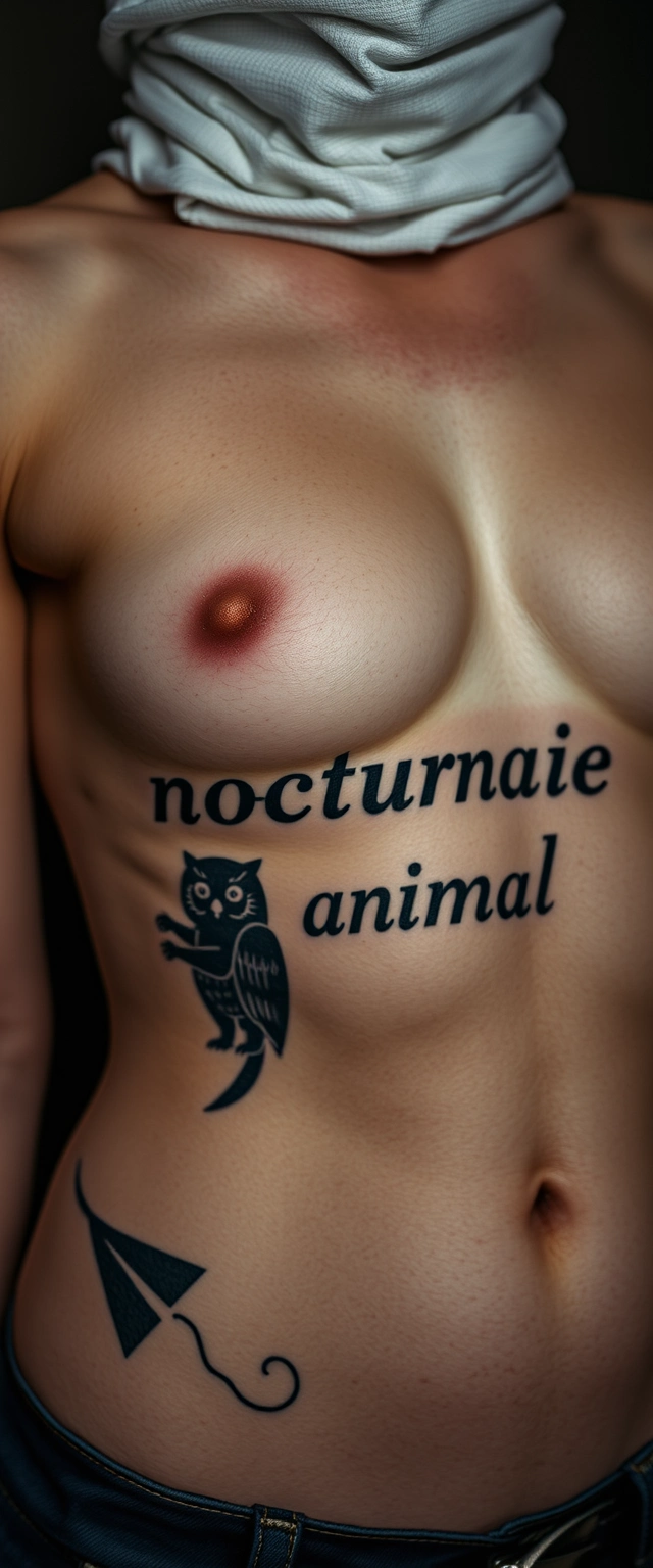 Close-up view of the tattooed belly of a muscular Ukrainian woman with white skin, with "nocturnal animal" written on it, wearing clothing on her face.