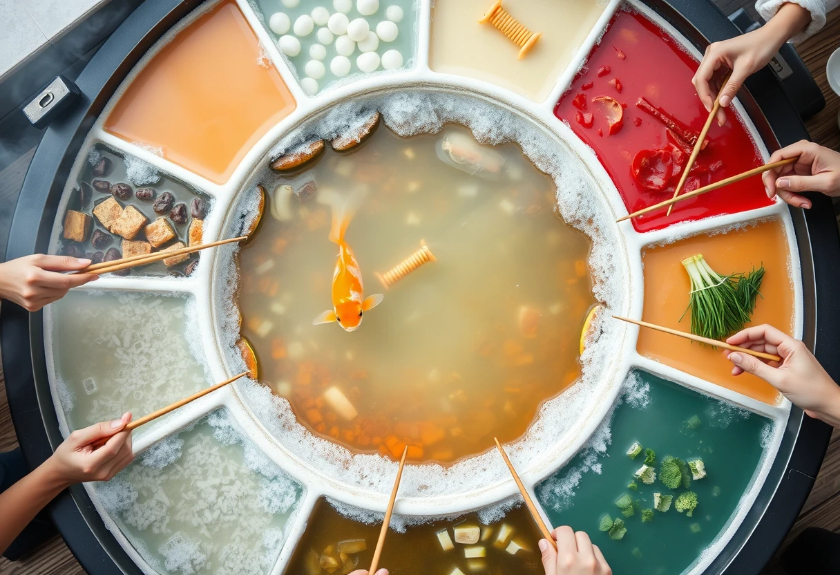 A large circular hot pot in a nine-grid layout, with each section a different color, bubbling and boiling with various ingredients. Only the middle section has a goldfish swimming in clear water. Four people are gathered around the hot pot, using long chopsticks to pick up food. The view is at a 45-degree angle from above. - Image