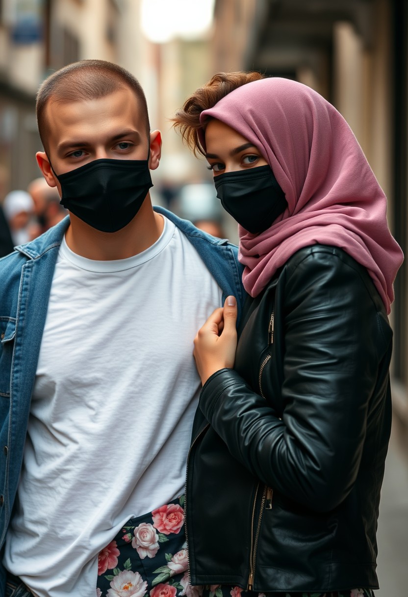 Jamie Dornan's face, hair, and body shot, handsome, young, shaved, white t-shirt, blue jacket, jeans, dating love with biggest soft pink hijab, black leather jacket, black face mask, biggest floral skirt, hyper-realistic, street photography.