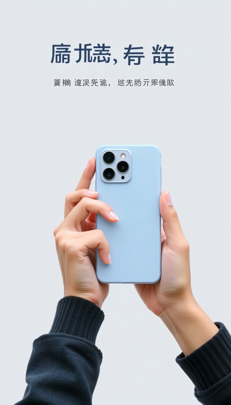 A marketing image showing a person holding a light blue smartphone with a rectangular attachment on the back. The phone has three camera lenses in the upper corner. The background is minimalist and light gray, creating a clean and modern aesthetic. Chinese characters on the upper left suggest a product feature. The person's hands, slightly tan, hold the phone in a landscape orientation, as if taking a photo or video.