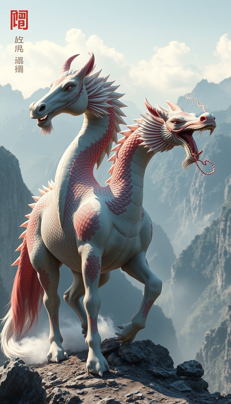 (ultra realistic) an oriental dragon combined with a horse body, China mountain background. - Image