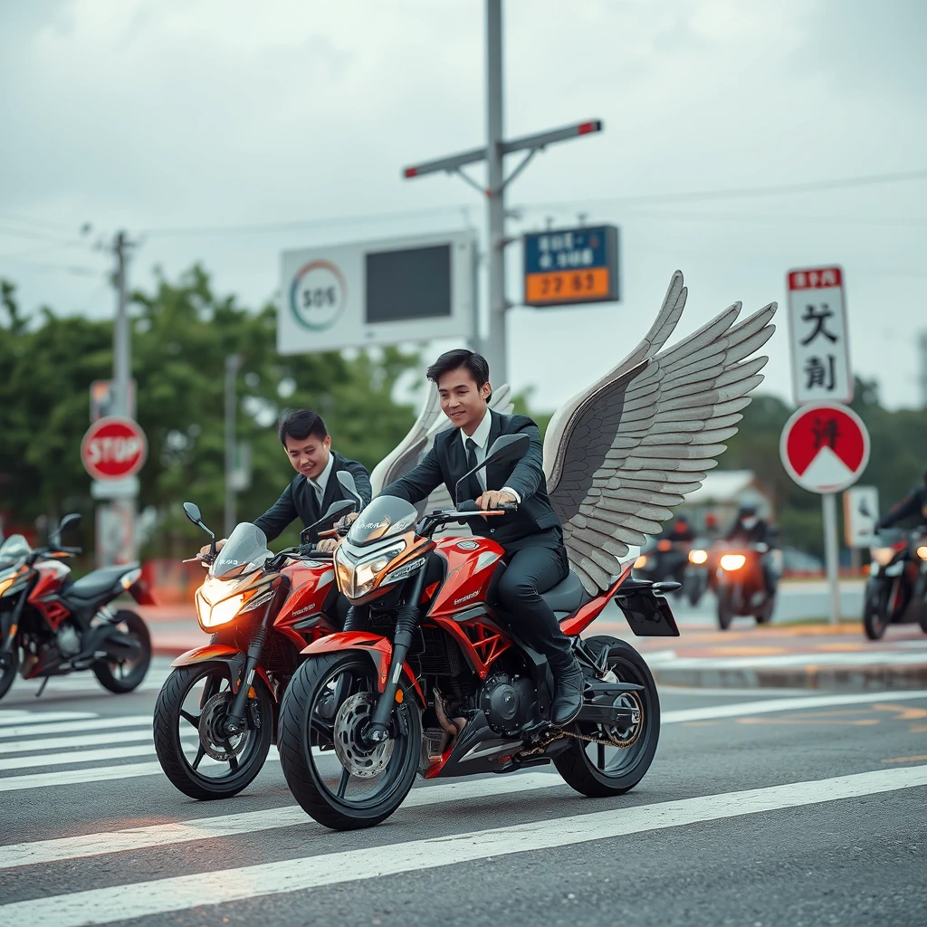 At the crossroads, there are handsome guys riding smart motorcycles with huge wings, accompanied by Chinese characters or Japanese. - Image