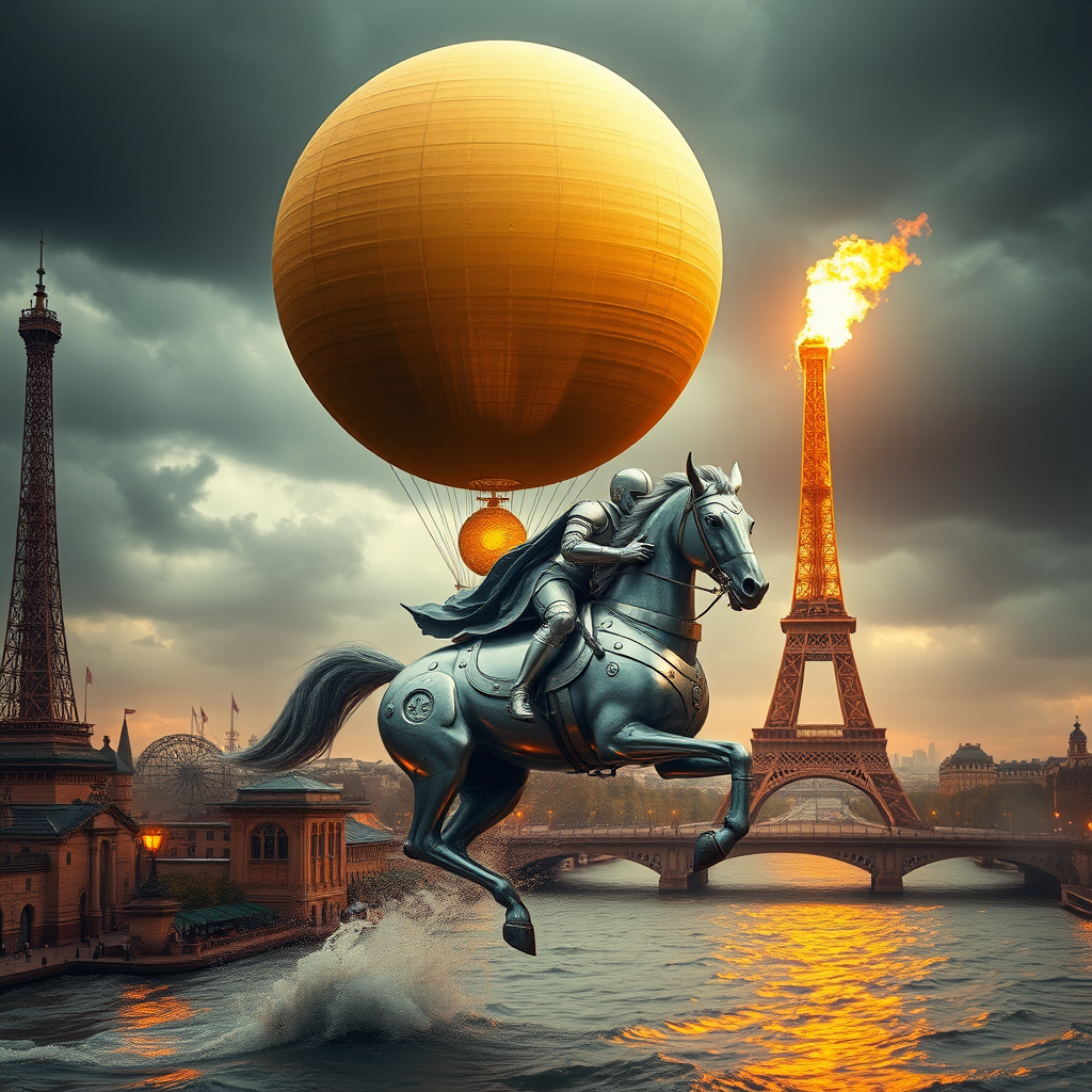 Giant perfect gold sphere with a fiber texture flies above in the sky, with a giant flame beneath it to elevate the sphere like a hot air balloon, floating over vintage Paris in the style of the 1900 Universal Exhibition, featuring a retro-futuristic aesthetic of the Eiffel Tower. Giant waves flood the city as a knight of the apocalypse, riding a silver mechanical horse with silver armor, emerges proudly from the Seine, galloping and slicing through the water under a stormy sky. It's doomsday, the apocalypse, steampunk, backlit, with a mixture of myst and fiery embers, creating a perspective of a pop rock fluorescent collage of sci-fi steampunk machinery, surrounded by extra dust particle clouds, octane render, and paper art ink inspired by Méliès and Jules Verne.