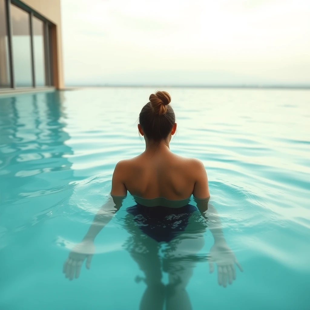 "Strange swimming pool, a young woman is swimming in the pool, distant view." - Image