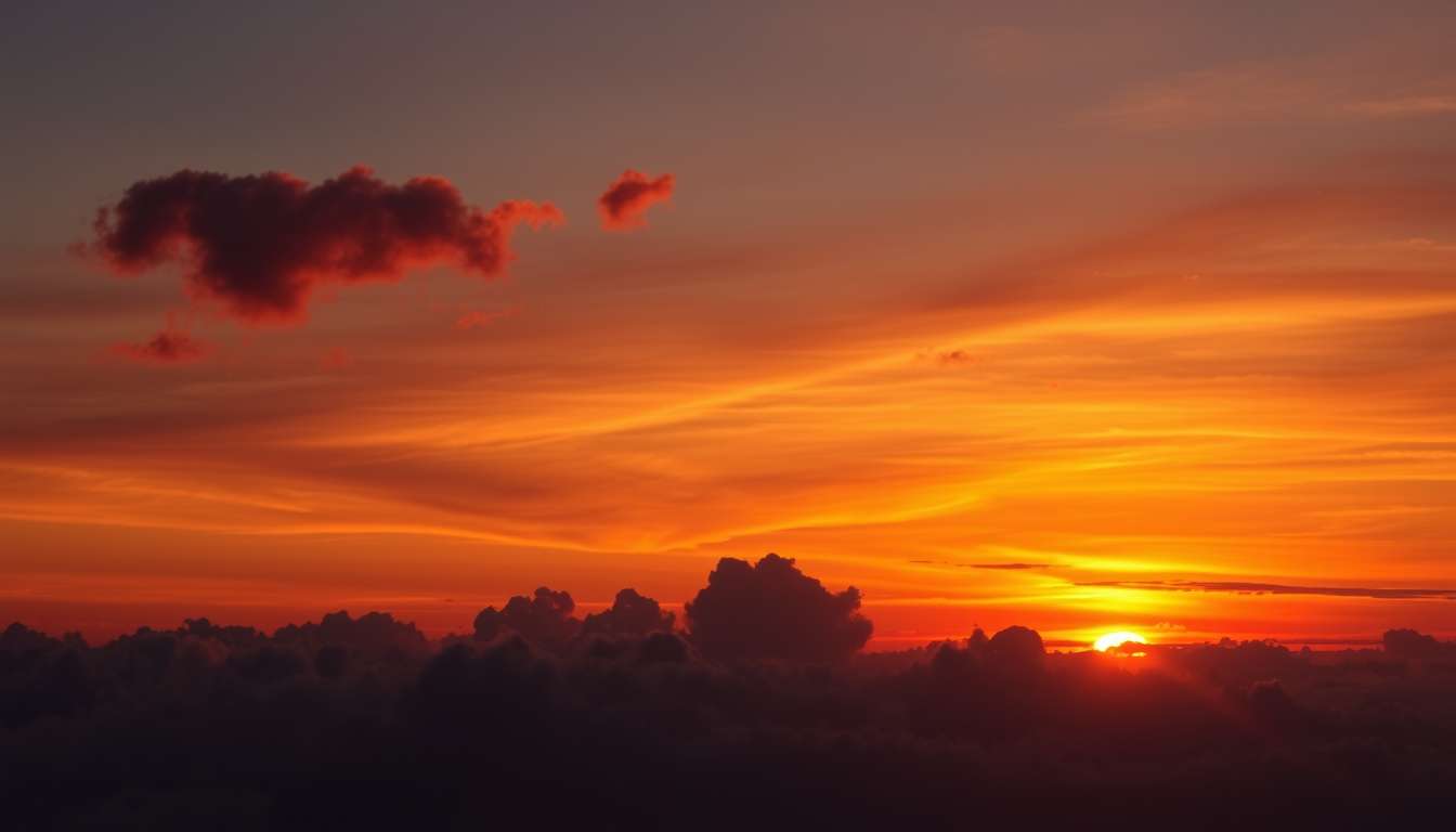 fiery sunset, clouds, high quality, photorealistic, evening sky, reflection, serene,