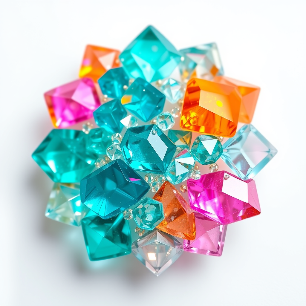 Pin made of sparkling diamond glass fragments in deep turquoise, orange and pink shades. Shiny, elegant. Light background. - Image