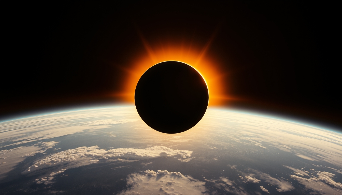 The Moon, centered, casts a dark shadow on Earth, depicting the path of totality. The Sun, in radiant oranges and yellows, forms a stunning corona effect around the Moon, all aligned, casting a fading black hole sun halo in space, orbit space effects, exosphere, cosmic, astral, quantum, cold and warm, energy-filled epic science fiction film concept digital art by Maciej Kuciara and Vincent Di Fate, 1998 NASA photo, Hasselblad electric camera 70mm film, Skylab flashlight photography, in the style of Interstellar by Christopher Nolan OverallDetailXL, flux-style. - Image