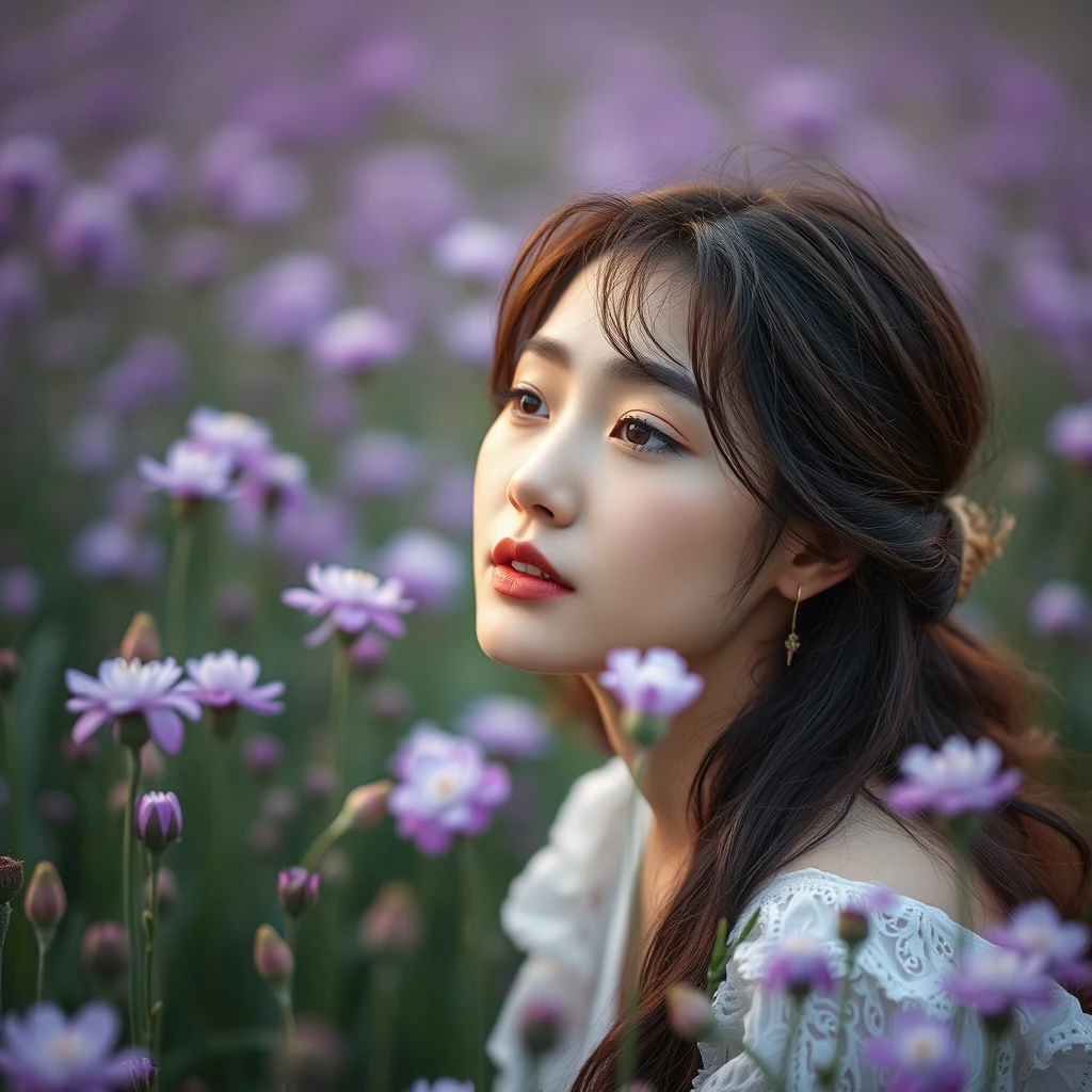 Beautiful woman, purple flower field, mystical, beautiful, Korean, KPOP, mystic, high definition, cool, atmosphere