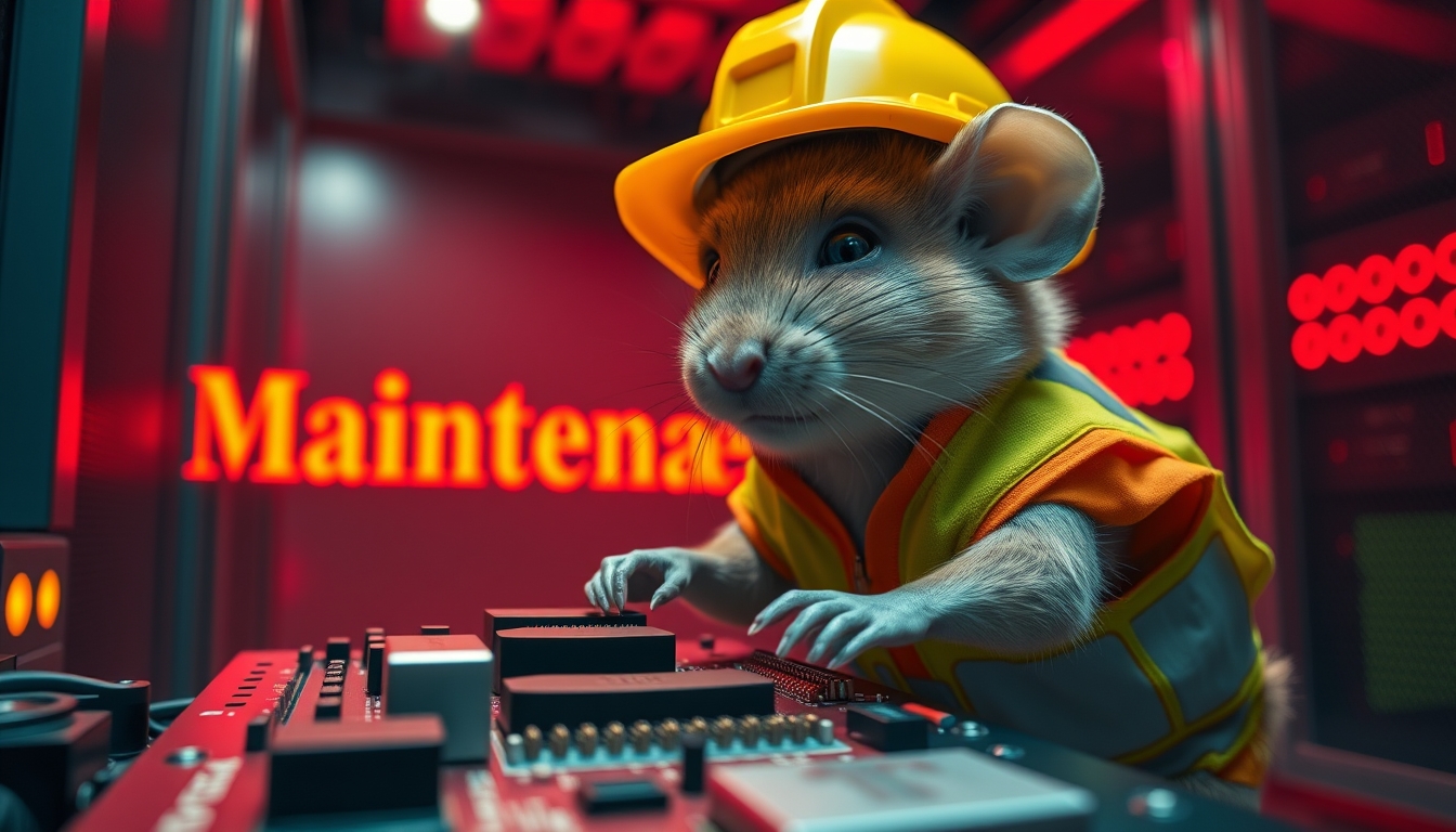 A small mouse with a hard hat and high visibility vest is repairing a circuit board. The mouse has a serious look in his eyes, and the background shows a server room with red emergency lighting only, red ambient lighting, emergency lighting. (Text background saying "Maintenance"). - Image