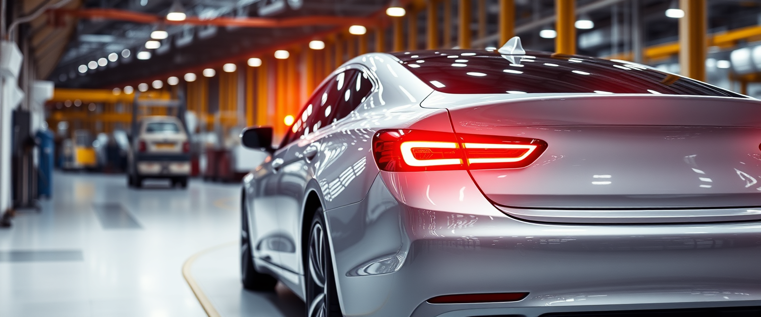 A car in a factory with lights reflecting off the car's rear body, and the back lights are turned on, showcasing a nice car body.