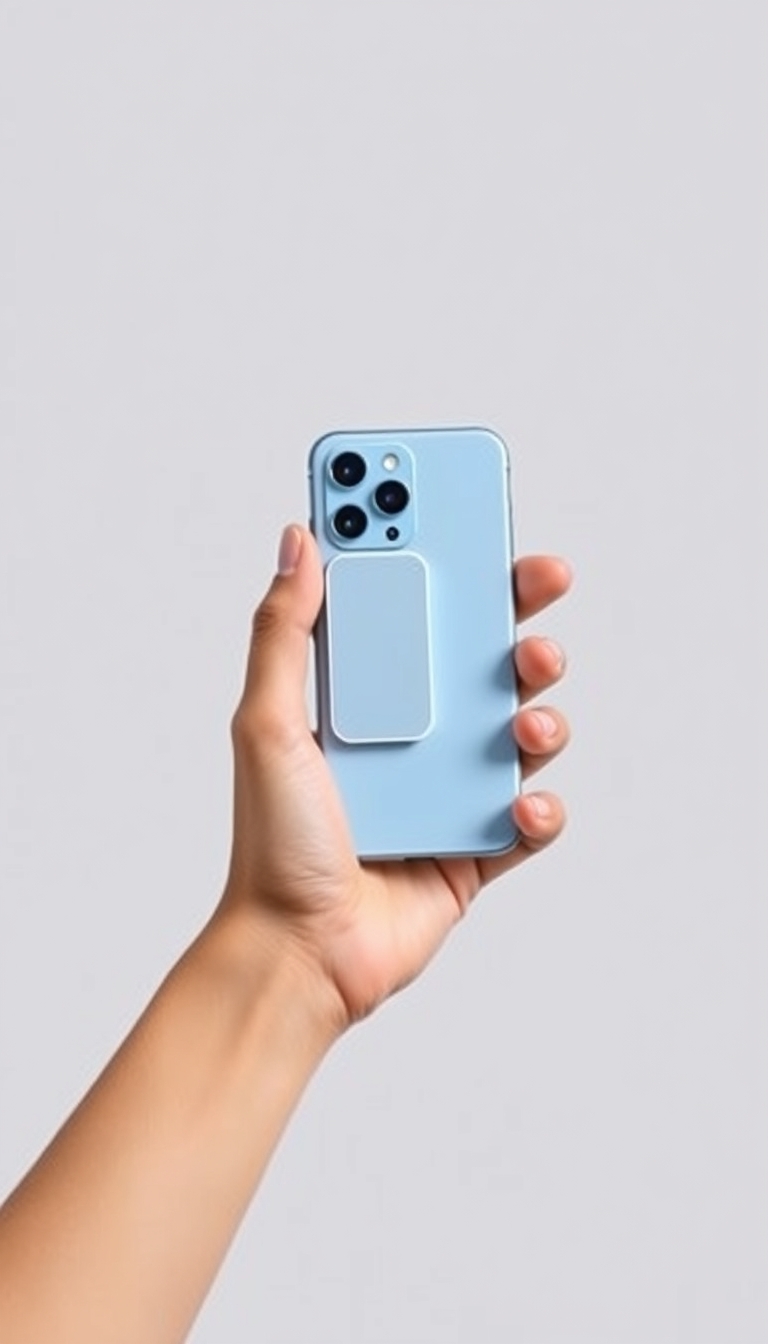 A marketing image showing a person holding a light blue smartphone with a rectangular attachment on the back. The phone has three camera lenses in the upper corner. The background is minimalist and light gray, creating a clean and modern aesthetic. The person's hands, slightly tan, hold the phone in a landscape orientation, as if taking a photo or video. - Image