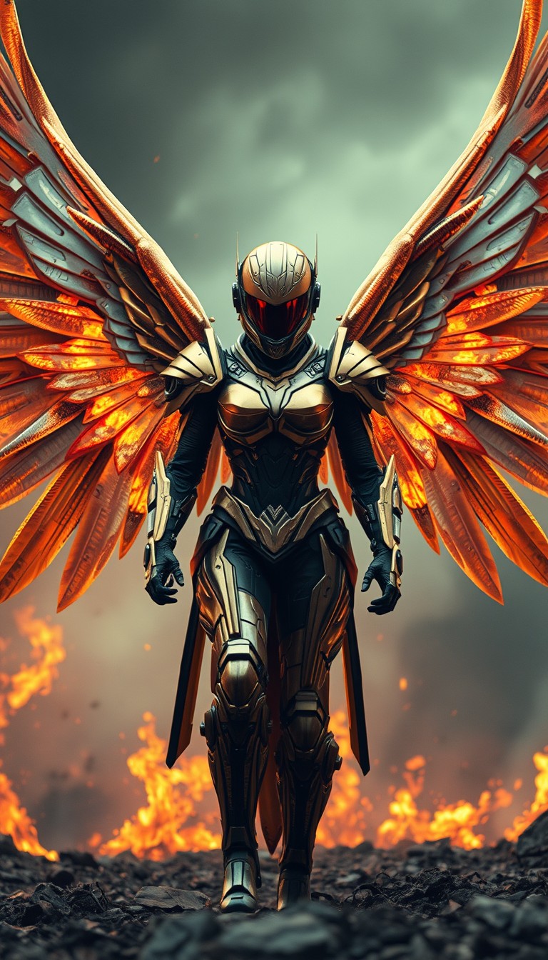 Cinematic shot of a cyborg female battle angel rising from ashes, golden regal Valkyrie armor, full motorcycle style helmet, futuristic, standing on a battlefield, movie scene, film grain, realistic, shot from below, image for a flyer. - Image