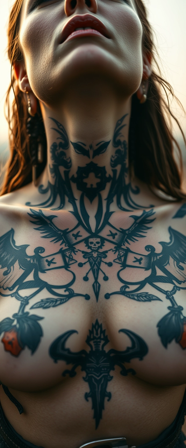 Close-up chest shot of a woman having face, chest, and neck tattoos, with a sad face and necromancer berserker.