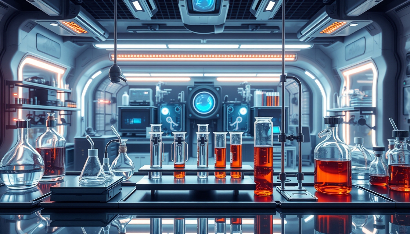 A futuristic laboratory with glass test tubes and advanced scientific equipment.