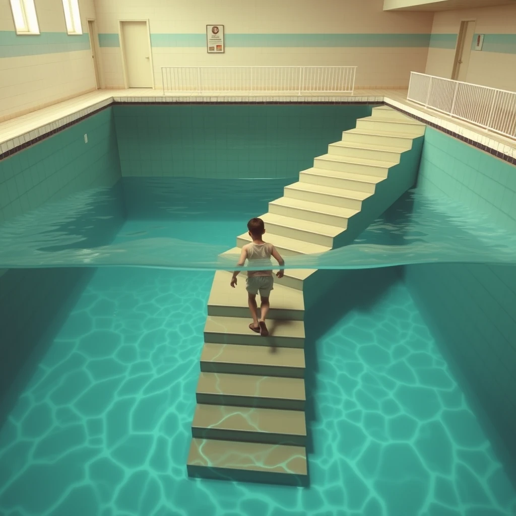 There is a strange swimming pool with steps extending from the second floor down to the pool and to the bottom of the water, where a boy is walking up the steps underwater. - Image