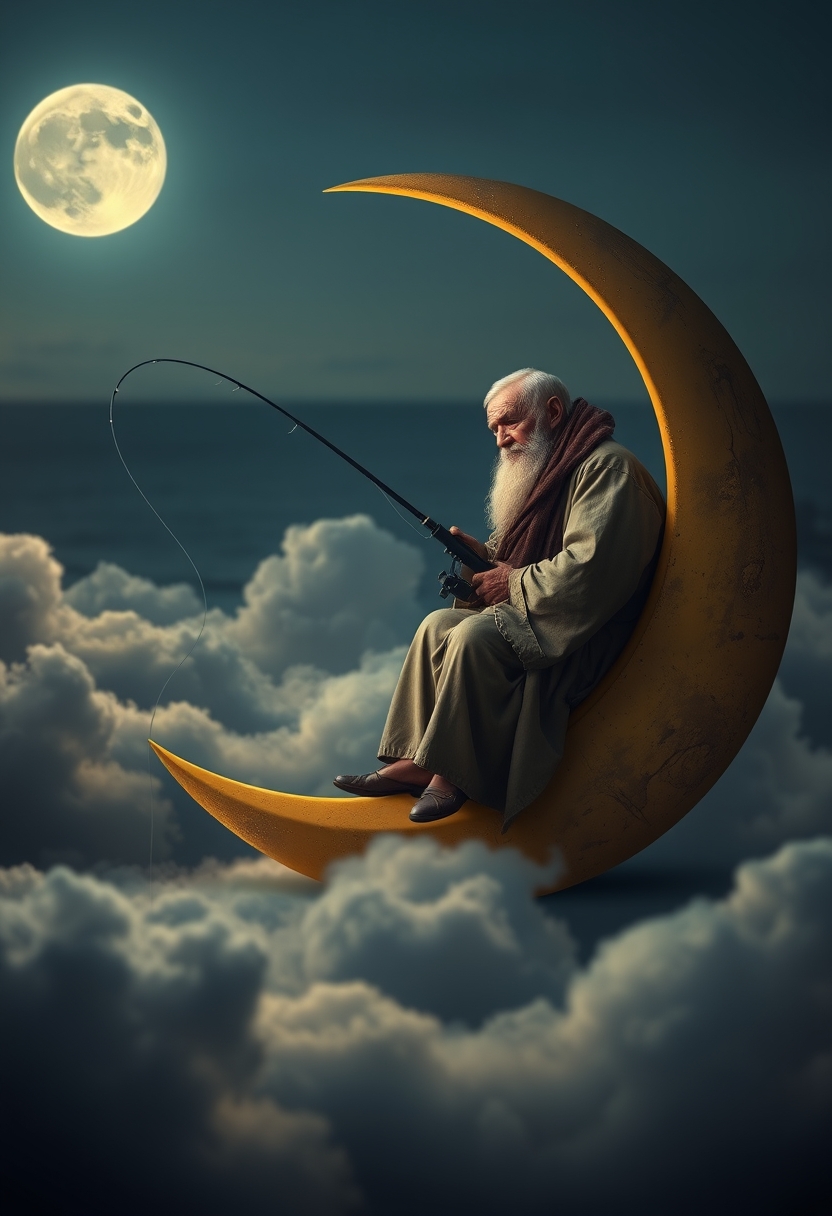 An old man sits serenely on a crescent moon, (fishing among the clouds:1.4). The scene has an evening, tranquil atmosphere. It’s dreamy and whimsical. Deep depth of field, photography, Natural geographic photo, Hyper-realistic, 16k resolution, (masterpiece, award-winning artwork), many details, extreme detailed, full of details, wide range of colors, high dynamic. - Image