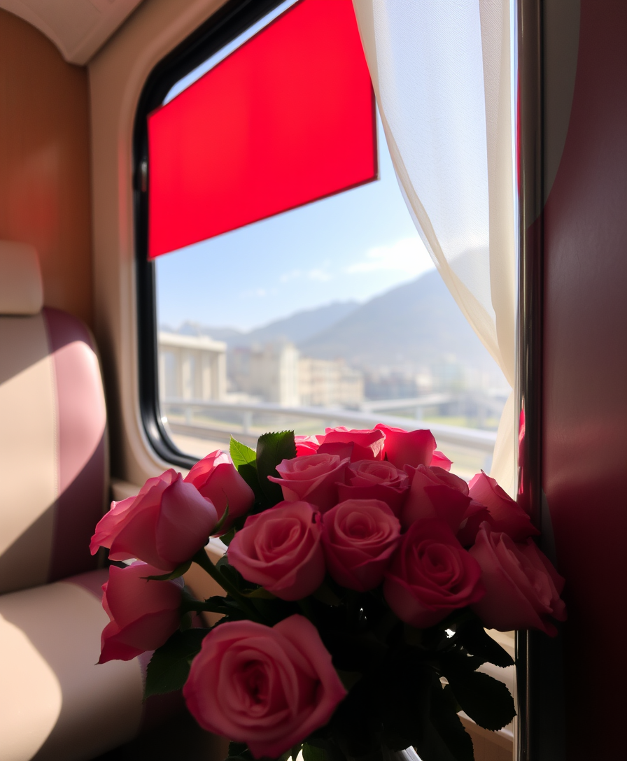 train compartment, bouquet of roses, perfect composition, beautiful view