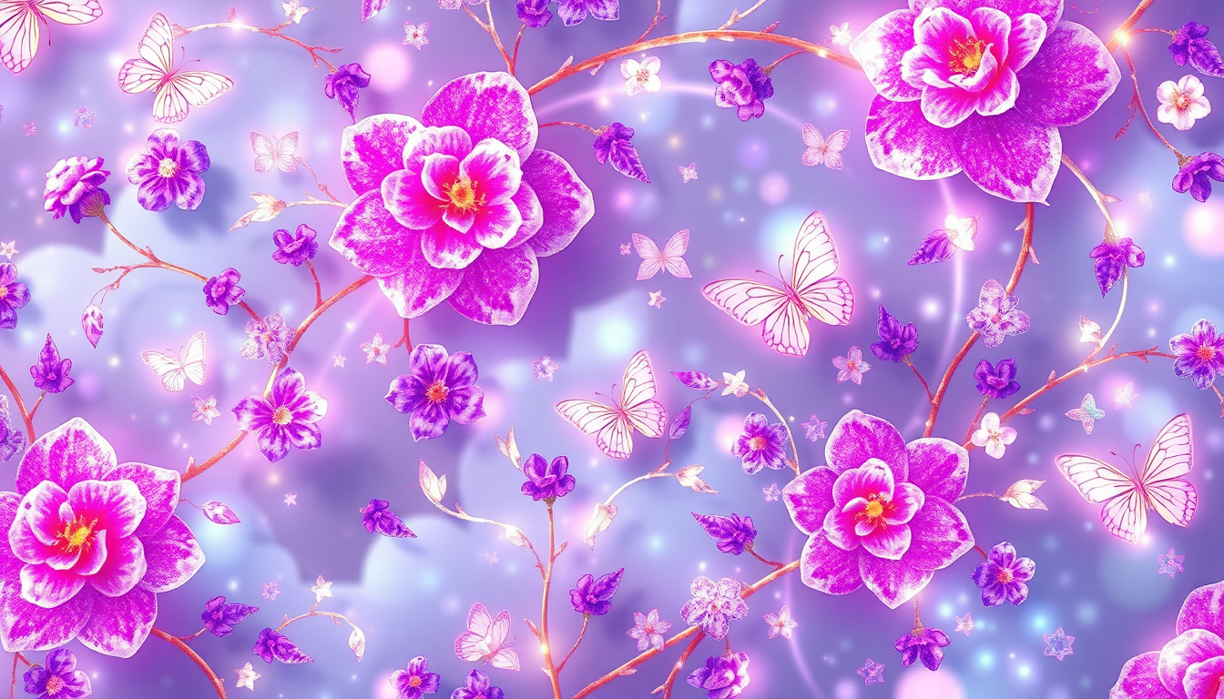 Stunning wallpaper design with an intricate pattern of sparkling translucent blooming flowers and vines in bright purple, pink and blue tones, intertwined with delicate golden threads. Butterflies of delicate pastel tones flutter in the background, giving the design a touch of whimsicality. The overall aesthetic is romantic and dreamy. - Image