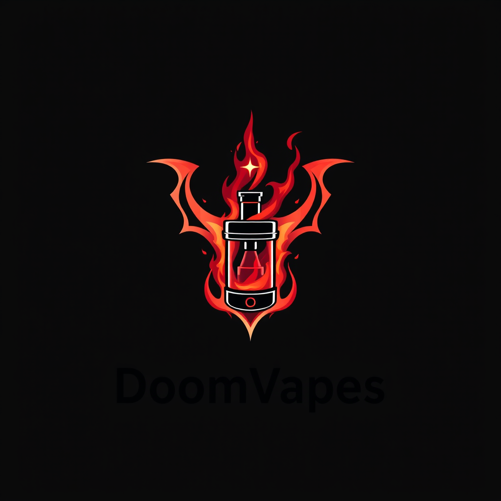 Sleek, logo design for DoomVapes featuring a stylized vape tank engulfed in ethereal, crimson flames. Blend with modern simplicity. Geometric shapes evoke demonic symbolism. Bold, sans-serif typography in obsidian black. - Image