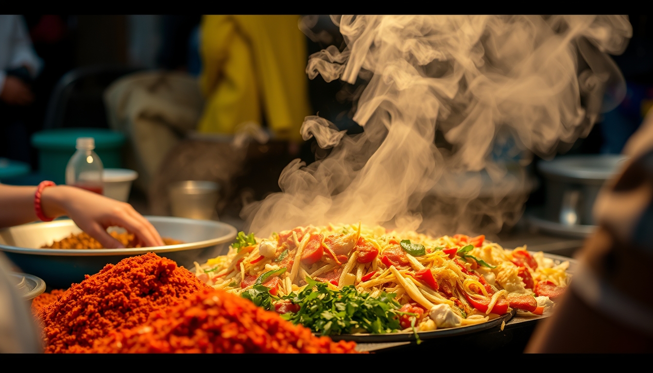 A close-up of a street vendor preparing a colorful and aromatic dish, with steam rising and vibrant spices on display.