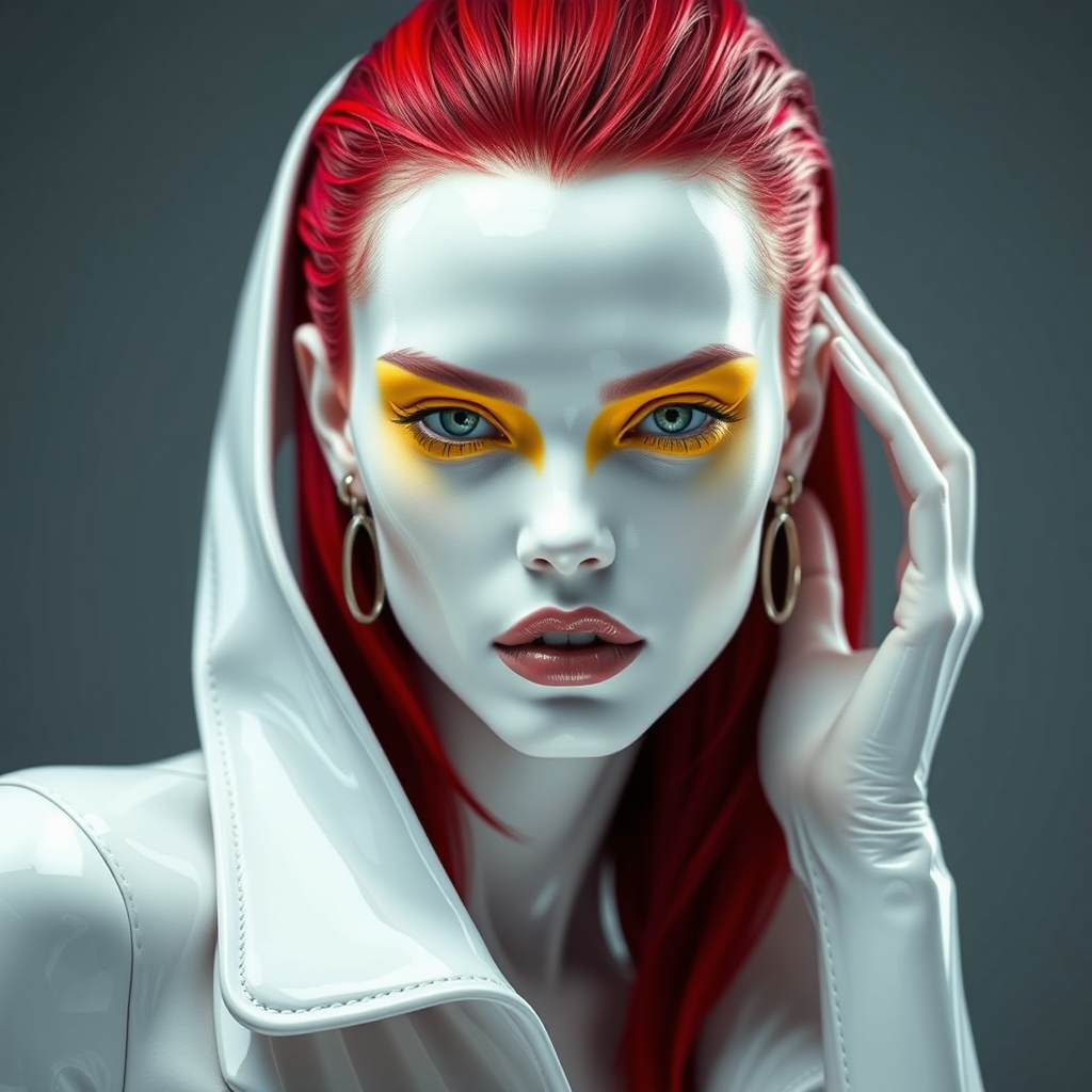 A stunning woman with shiny white skin like chinaware, red hair and yellow make-up, futuristic, fashion photography, clothes by Dion Lee and Ottolinger, full body shot.