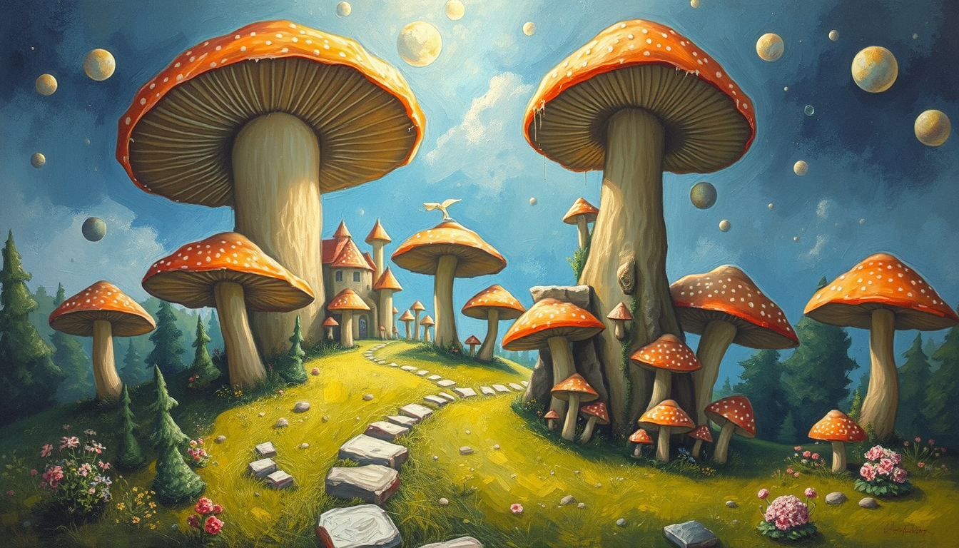 Impressionist painting of a utopian city made of mushrooms.