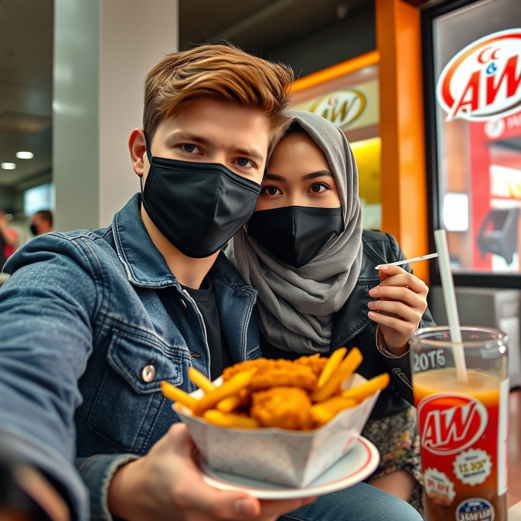 Jamie Dornan's head and body shot, handsome, young, black face mask, blue jeans jacket, jeans, dating a Muslim girl with a grey hijab, beautiful eyes, black face mask, black leather jacket, biggest floral skirt, at A&W fast food restaurant, plate of Korean fried chicken and fries, A&W soft drink, photorealistic, hyper-realistic, street photography, selfie. - Image