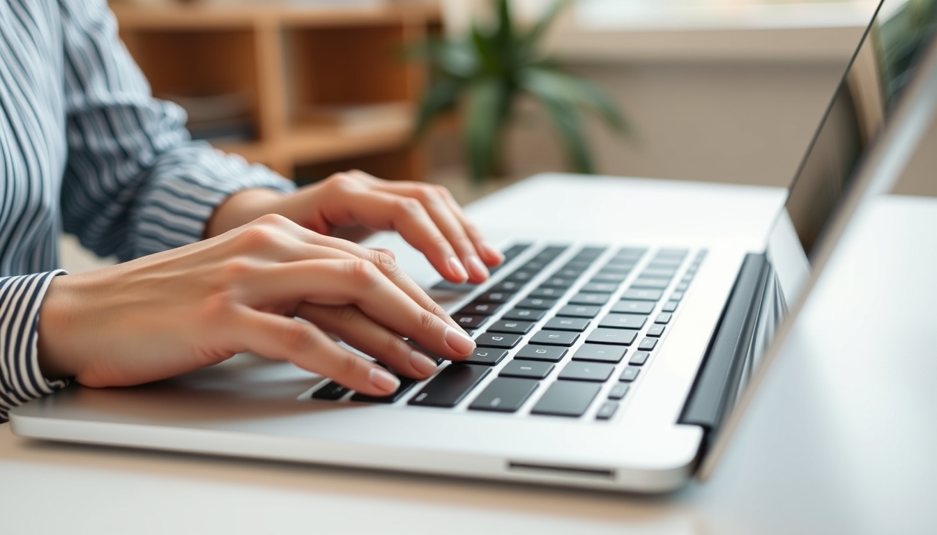 Close up, woman's hand typing on a laptop computer keyboard. Businesswoman online working on a laptop computer, surfing the internet, searching for information at a home office, e-learning. - Image