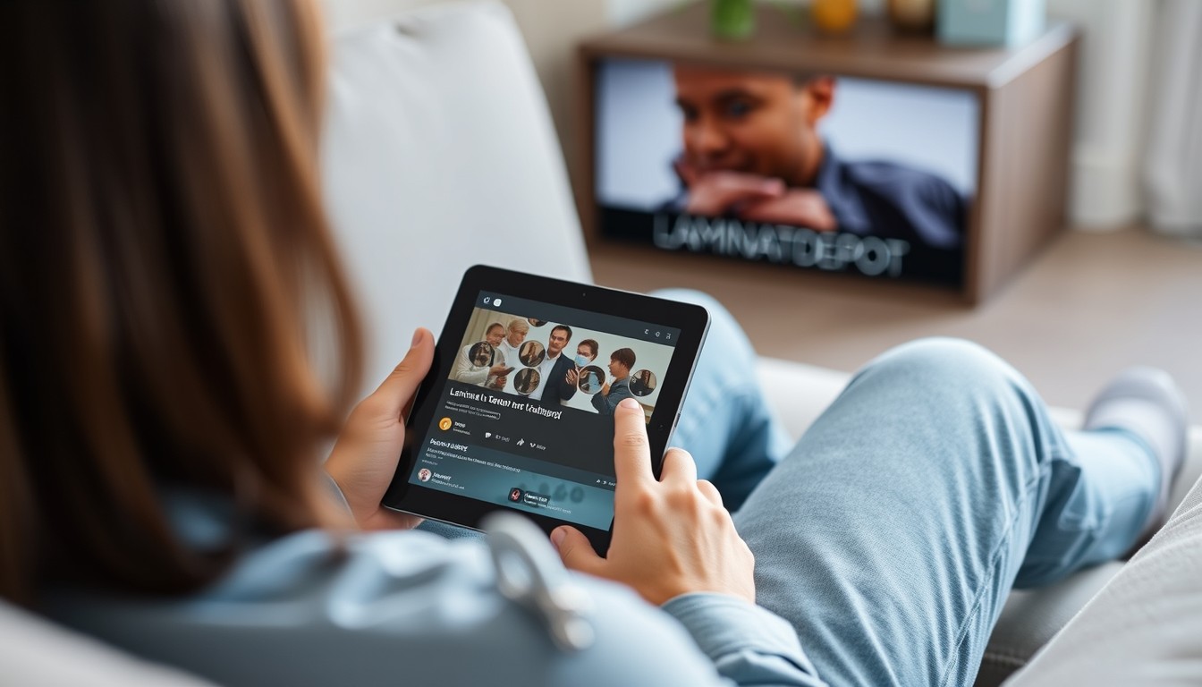 A person is sitting on the sofa, holding a tablet and watching LaminatDEPOT videos. View over the shoulder. - Image