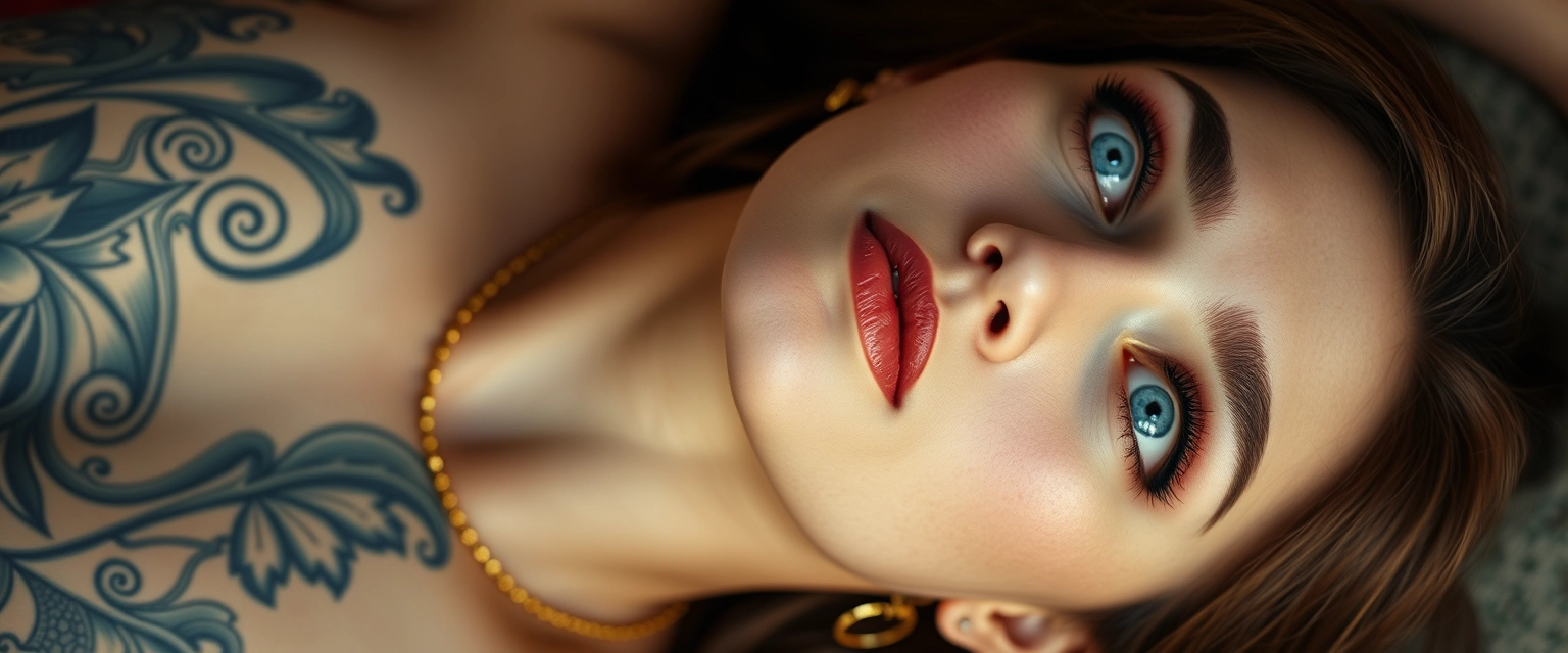 Close-up shot of the tattooed body of a white-skinned Indian-Korean woman with beautiful facial features, a defined jaw, and blue eyes, wearing gold ornaments, looking upward while lying sideways. - Image