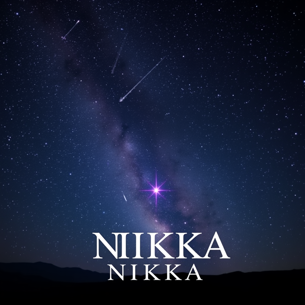 "Stars in the night sky, shooting stars, the Milky Way, the distant sparkling purple Bora Land star, 'NIKKA' title text, glam art, fantastic, mystique."