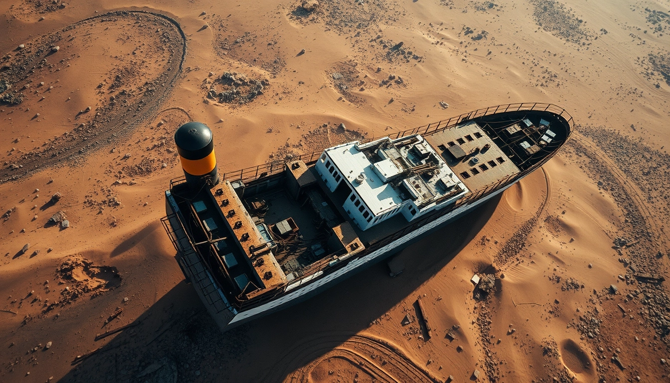 Looking down from a high altitude, the Titanic is broken in two, tilted in the desert, long abandoned and rusted.