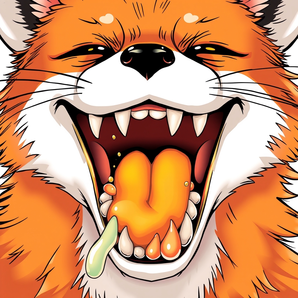 Anime style, fox anthropomorphism. Draw the details of the fox's mouth, throat details, the throat should be bright, details of the teeth, details of saliva, the entire mouth is filled with them.