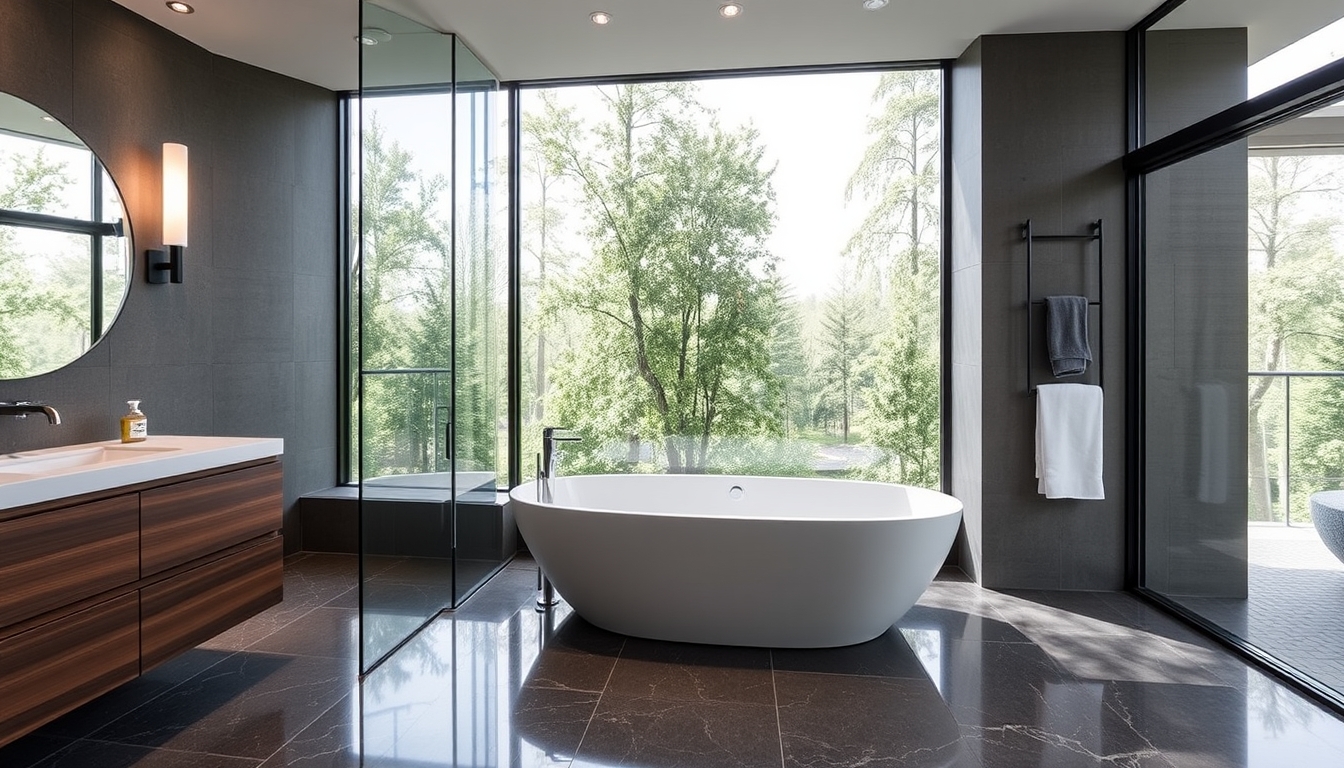 A sleek modern bathroom with glass walls and a luxurious soaking tub. - Image